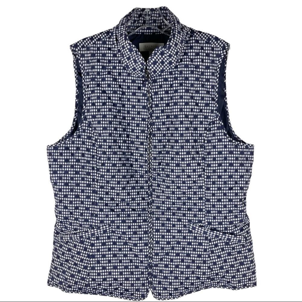 Talbots blue white check polka dot full zip puffer quilted barn vest large